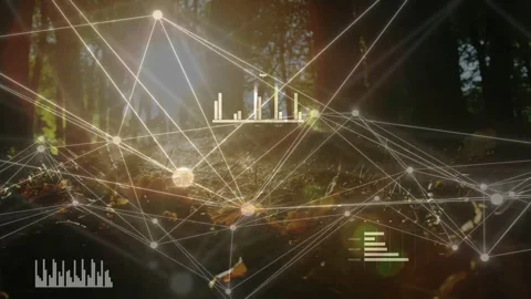 Digital network reacting to lens flare, pulsing nodes and shifting HUD charts Vídeo Stock 333837858