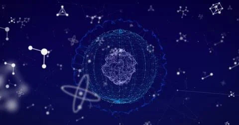 Digital network sphere with abstract molecular structures on dark background Stock Photos