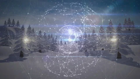Digital network sphere floating above snowy pine hills, nodes glimmering and Stock Footage 308025143