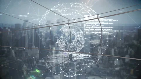 Digital network sphere forming over city skyline, pulsing nodes streaming data Stock Footage 313329603