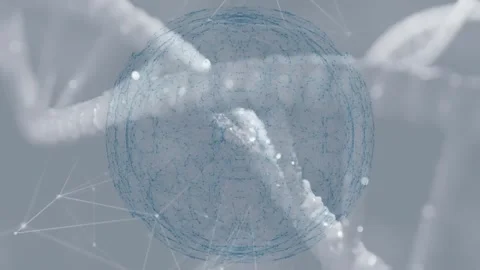 Digital network sphere intertwining with DNA strands, representing genetic data 스톡 동영상 330052692