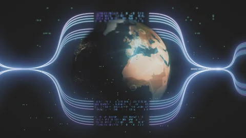 Digital network surrounds and flows through earth globe. World Wide Satellite Stock Footage 244765571