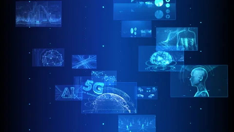 Digital Network Technology AI 5G E Rotate A Blue Stock Footage 136436769