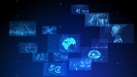 Digital Network Technology AI 5G E Rotate B Blue Vídeos de archivo 136438997