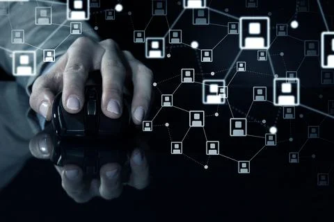 Digital Network Technology Hand Using Computer Mouse Stock Photos