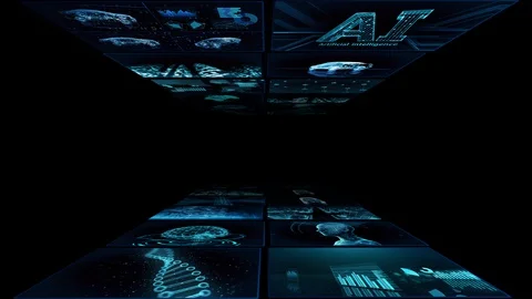 Digital Network TechnologYAI artificial intelligence data YA3 2x2 blue Stock Footage 128014205