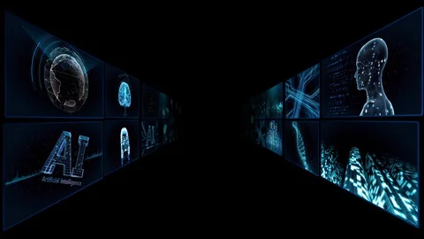 Digital Network TechnologYAI artificial intelligence data TA1 2x2 blue Stock Footage 128106346