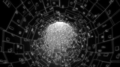 Digital network tunnel abstract background, black and white theme Illustrazione stock