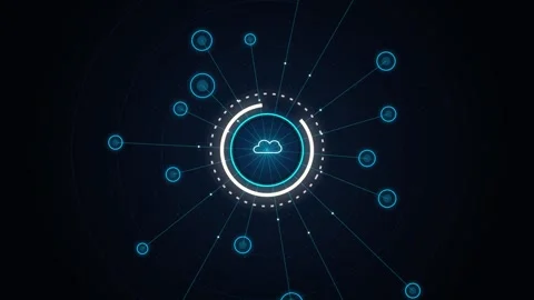 Digital network visualization with a central cloud icon radiating connectio.. Stock Footage 345853012