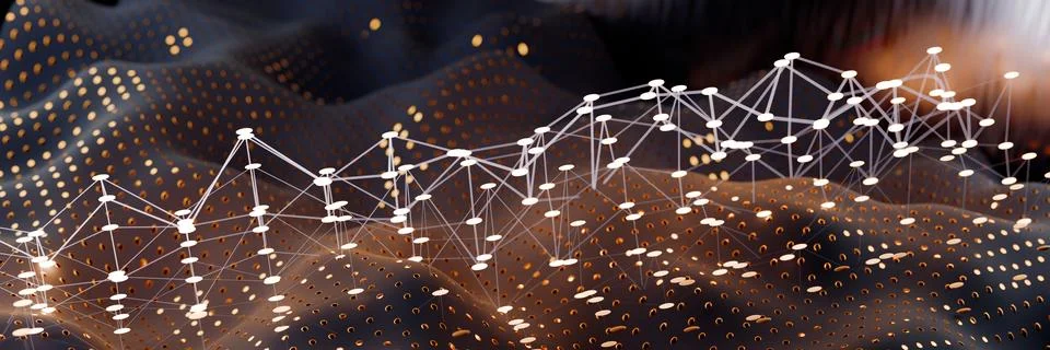 Digital network visualization on a dark, textured background Illustrazione stock