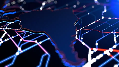 Digital network visualization highlighting interconnected pathways across map Stock Footage 322541546
