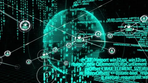Digital network visualization showing glowing teal globe linking avatar nodes Stock Footage 309321047
