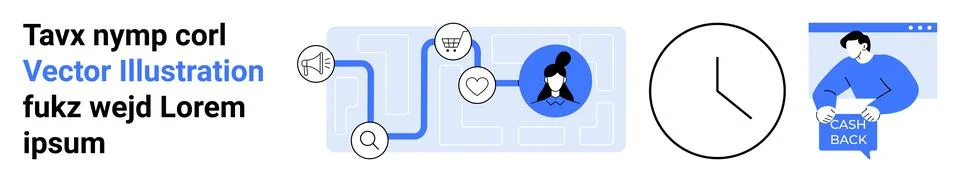 Digital networking icons interconnected, user profile, large clock, and cashb Illustrazione stock