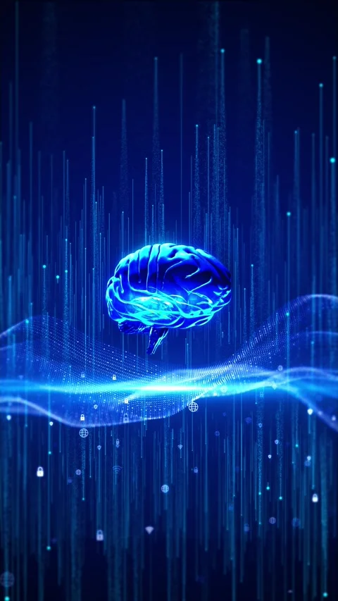 Digital neural brain scene wave mesh, falling data lines, lock icons, futuristic Stock Footage 340456097