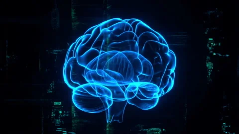 Digital neural scan overlaid with glitching binary matrix codes in a futuristic  Video stock 312631153