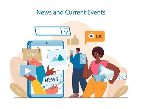 Digital News Consumption concept. Users interact with current events through Illustrazione stock