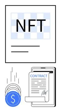 Digital NFT certificate, cryptocurrency coins, and signed contract on a tab.. Stock Illustration