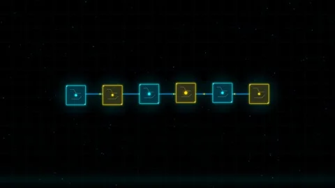 Digital nodes connecting in a futuristic network with glowing blue and yellow sq Stock Footage 347915253