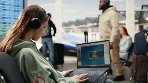 Digital nomad game developer working on laptop in international airport Stock Footage 333168541