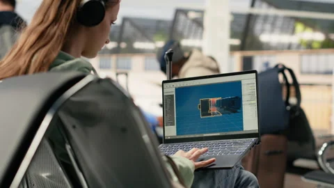 Digital nomad game developer working on laptop in international airport Stock Footage 333173112