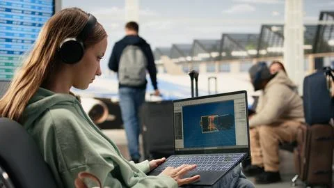Digital nomad game developer working on laptop in international airport Stock Photos
