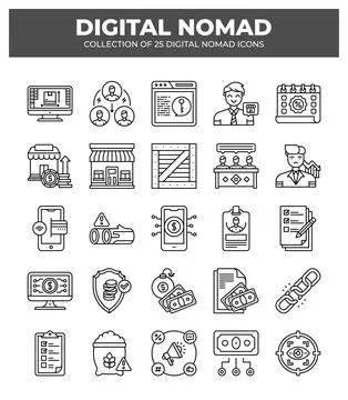 Digital Nomad Icons. A Guide to Remote Work and Online Business Stock Illustration