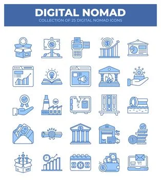 Digital Nomad Icons. Ultimate Guide to Remote Work and Online Business Stock Illustration