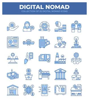Digital Nomad Icons. Ultimate Guide to Remote Work and Online Business Stock Illustration
