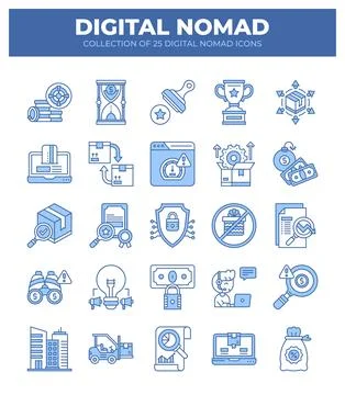 Digital Nomad Icons. Ultimate Guide to Remote Work and Online Business Stockillustratie