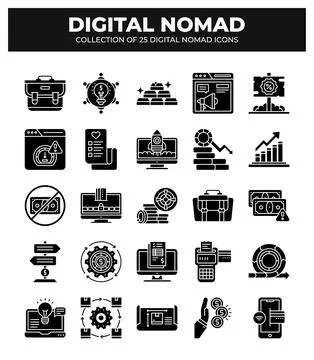 Digital Nomad Icons. Ultimate Guide to Remote Work and Online Business Stockillustratie