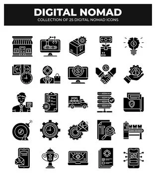 Digital Nomad Icons. Ultimate Guide to Remote Work and Online Business Stockillustratie