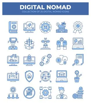 Digital Nomad Icons. Ultimate Guide to Remote Work. Freelancing. and Online.. Stock Illustration