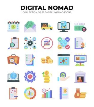 Digital Nomad Icons. Ultimate Guide to Remote Work and Online Business Stockillustratie