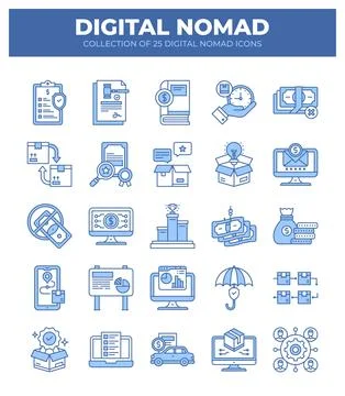 Digital Nomad Icons. Ultimate Guide to Remote Work and Online Business Stockillustratie