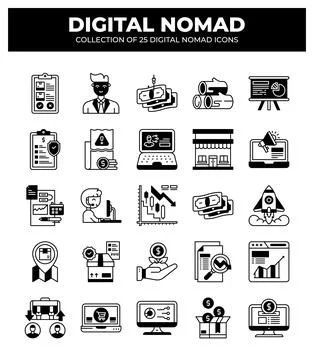 Digital Nomad Icons. Ultimate Guide to Remote Work and Online Business Stock Illustration