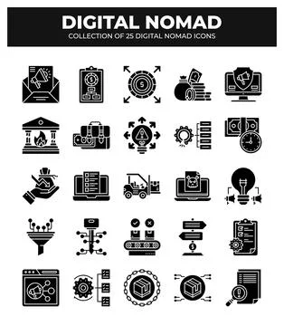 Digital Nomad Icons. Ultimate Guide to Remote Work and Business Stock Illustration
