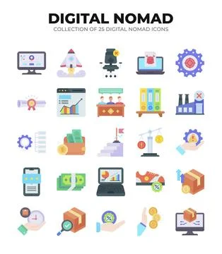 Digital Nomad Icons. Ultimate Guide to Remote Work Stock Illustration