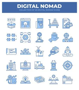 Digital Nomad Icons. Ultimate Guide to Remote Work and Online Business Stockillustratie