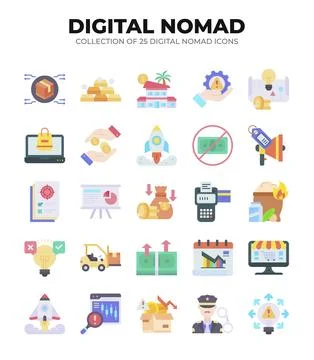 Digital Nomad Icons. Ultimate Guide to Remote Work and Online Business Stock Illustration