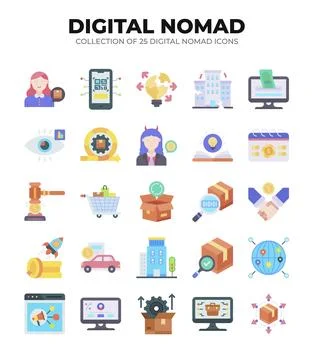 Digital Nomad Icons. Ultimate Guide to Remote Work and Online Business Stock Illustration