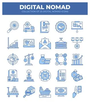 Digital Nomad Icons. Ultimate Guide to Remote Work and Online Business Stock Illustration