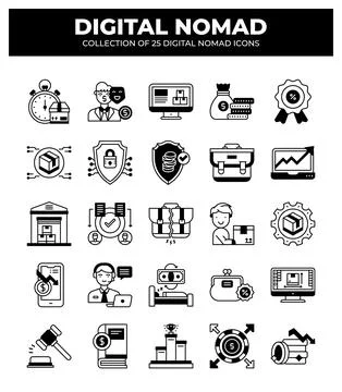 Digital Nomad Icons. Ultimate Guide to Remote Work and Online Business Stockillustratie