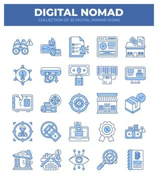 Digital Nomad Icons. Ultimate Guide to Remote Work. Finance. and Business Stock Illustration