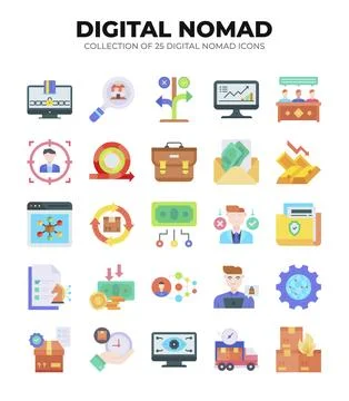Digital Nomad Icons. Ultimate Guide to Remote Work and Business Stock Illustration