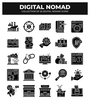Digital Nomad Icons. Ultimate Guide to Remote Work and Online Business Stockillustratie