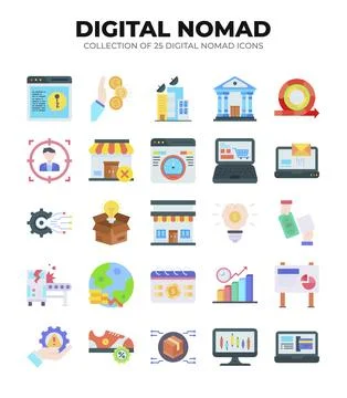 Digital Nomad Icons. Ultimate Guide to Remote Work and Online Business Stock Illustration