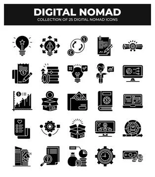 Digital Nomad Icons. Ultimate Guide to Remote Work and Business Stockillustratie