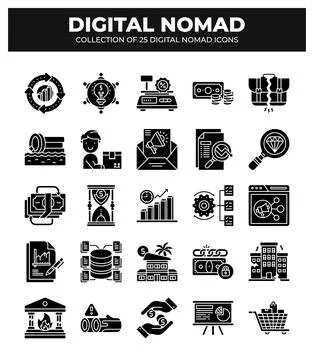 Digital Nomad Icons. Ultimate Guide to Remote Work and Online Business Stockillustratie