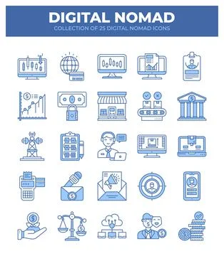 Digital Nomad Icons. Ultimate Guide to Remote Work and Online Business Stock Illustration