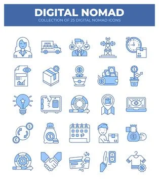 Digital Nomad Icons. Ultimate Guide to Remote Work and Online Business Stock Illustration